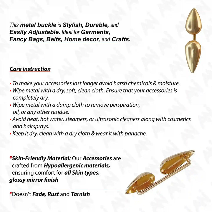 Ani Accessories dual drop design metal gold buckle front & back image with care instruction and feature text in a white background.
