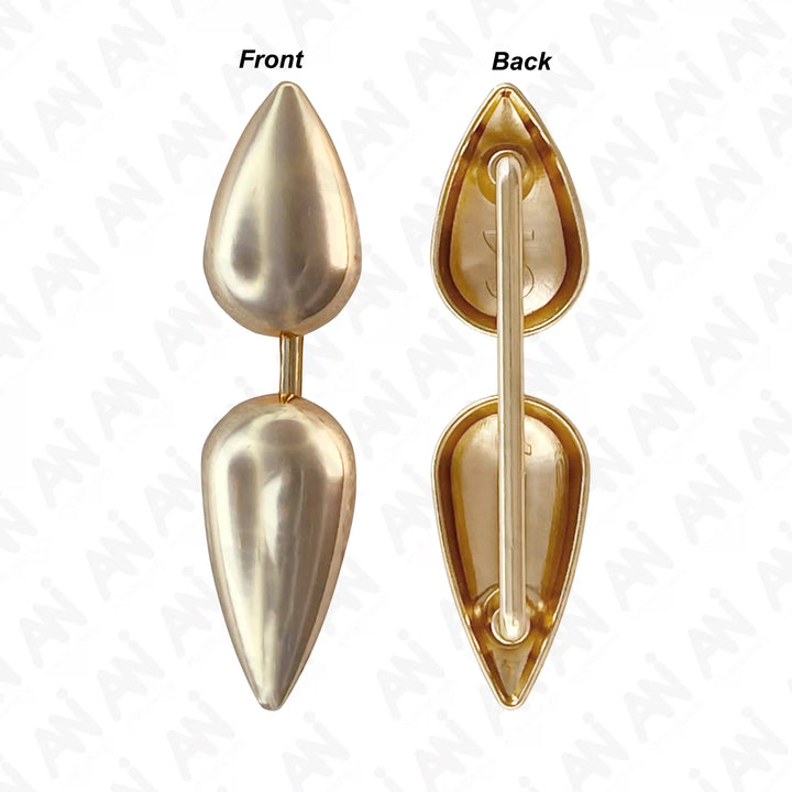 Ani Accessories dual drop design metal gold buckle front and back in a  white background.