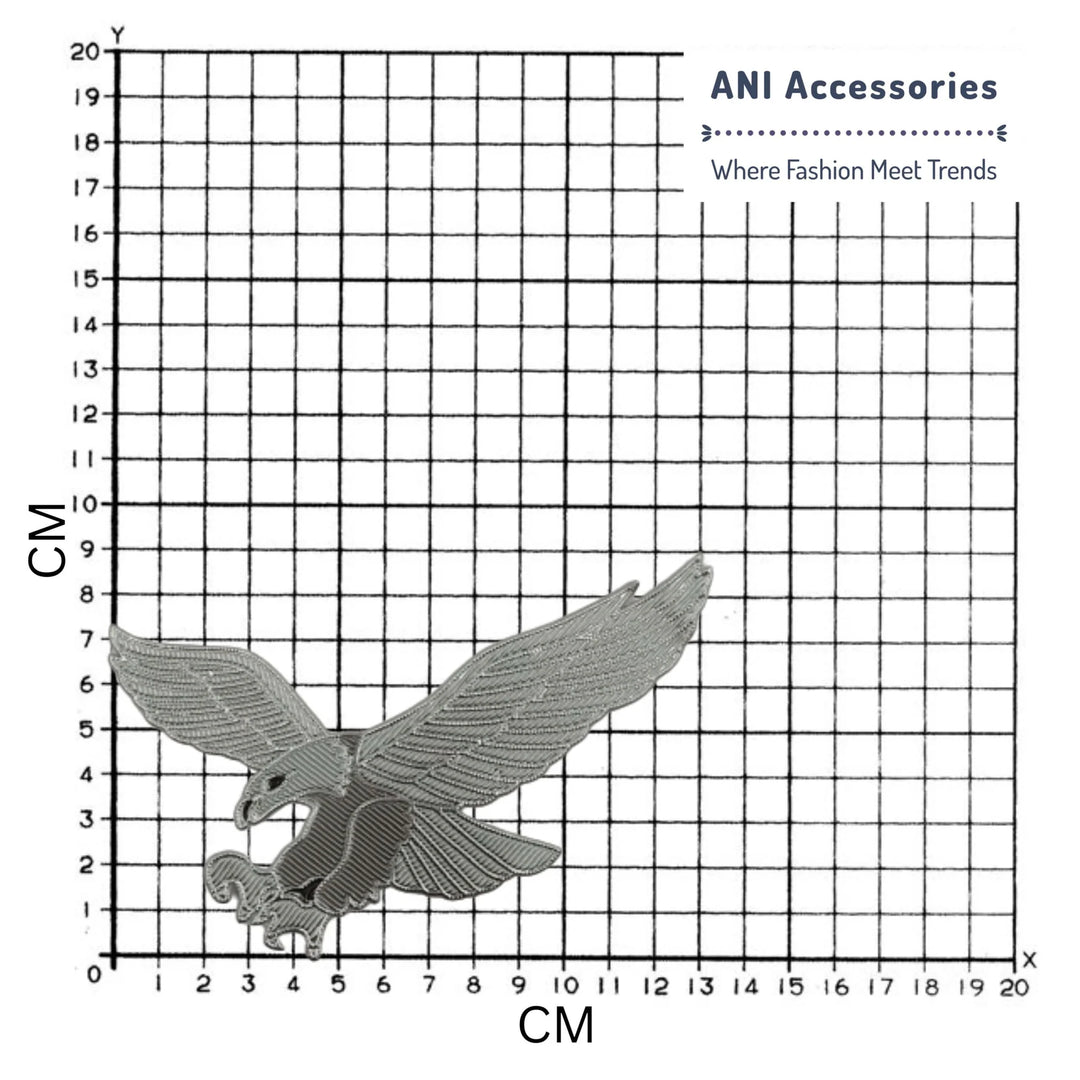 Ani Accessories eagle iron-on patch shown on graph for accurate size and design, heat-adhesive patch for apparel and crafts