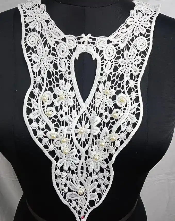 Ani Accessories embroidered baroque floral lace neckline with round pearl highlights for couture designs