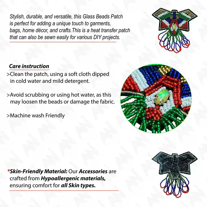 Ani Accessories embroidered beaded butterfly patch infographic highlighting dimensions and craft details