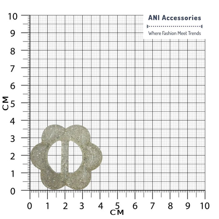 Ani Accessories floral sparkling resin buckle with glitter finish shown Size chart bar graph.