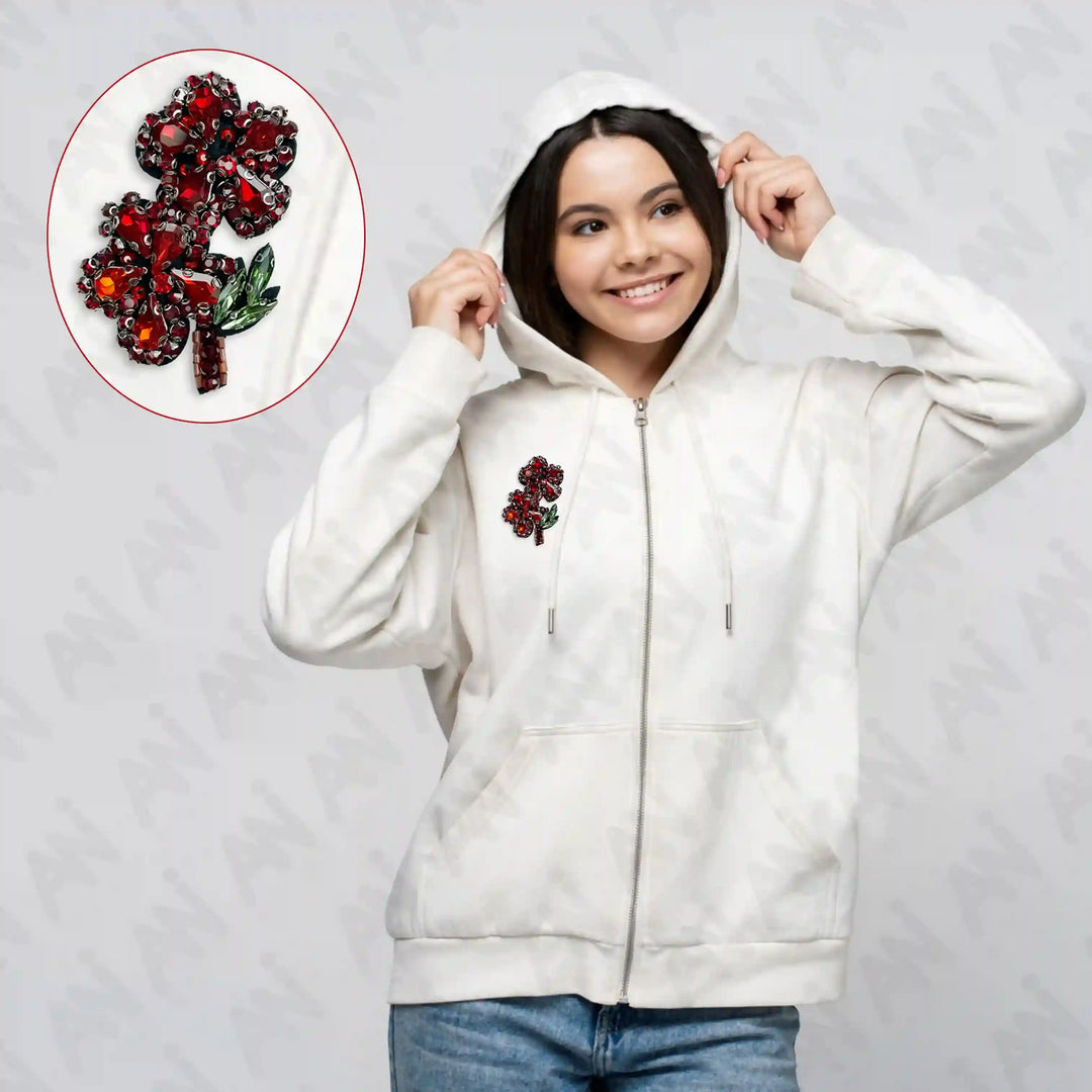 Ani Accessories flower sew patch on model displaying floral detailing for fashion garments bags and DIY styling