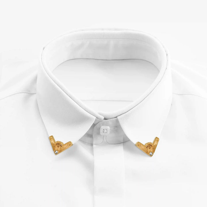 Ani Accessories | gold glided glamour with rhinestone placing on the corner of white shirt collar