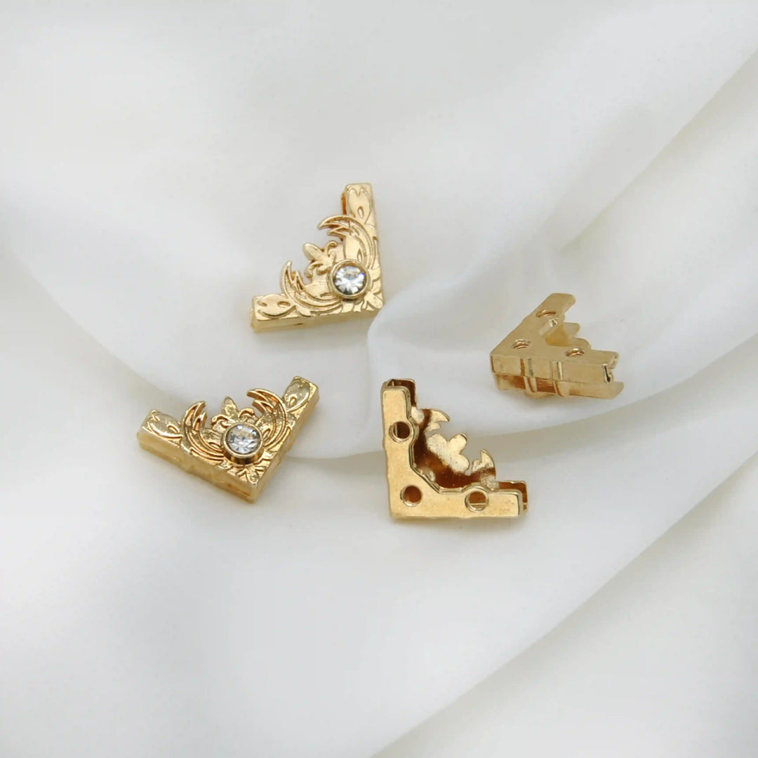  Buy now Ani  Accessories  4 pieces of  mini gold intricate with Rhine stone  on white cloth background with 2 front side image and 2 sided image of collar tips