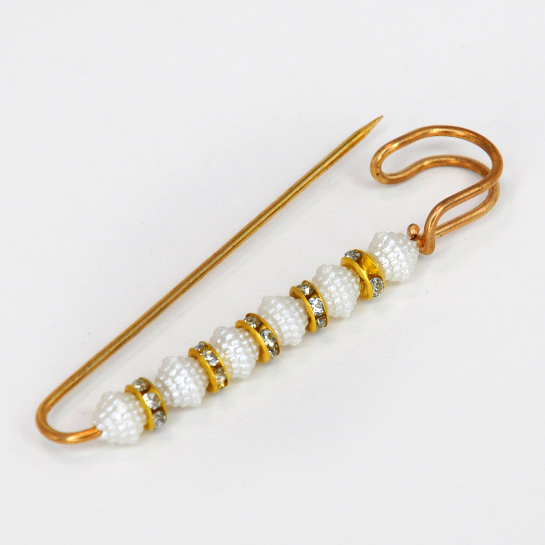 Ani Accessories premium Pearl Rhine gold color safety pin, ideal for saree, hijab, dupatta, and party wear.