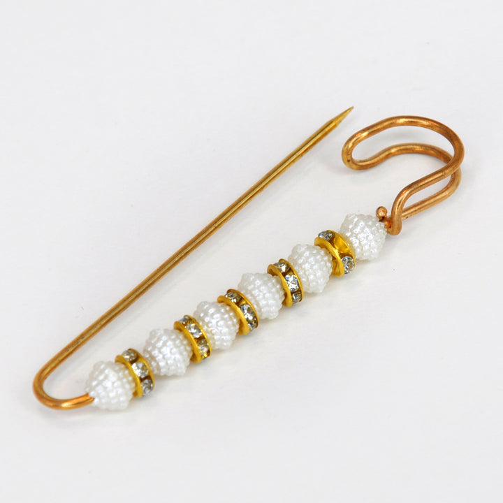 Ani Accessories premium Pearl Rhine gold color safety pin, ideal for saree, hijab, dupatta, and party wear.