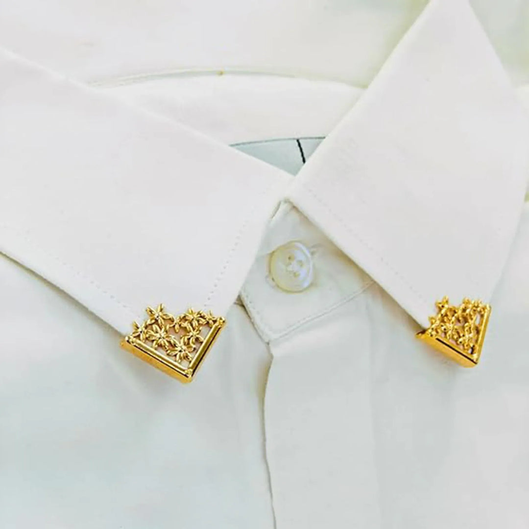 Ani Accessories |  zoom image of golden floral collar tip  on a white shirt 