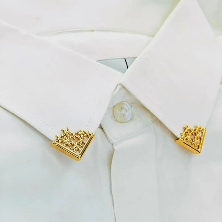 Ani Accessories |  zoom image of golden floral collar tip  on a white shirt 