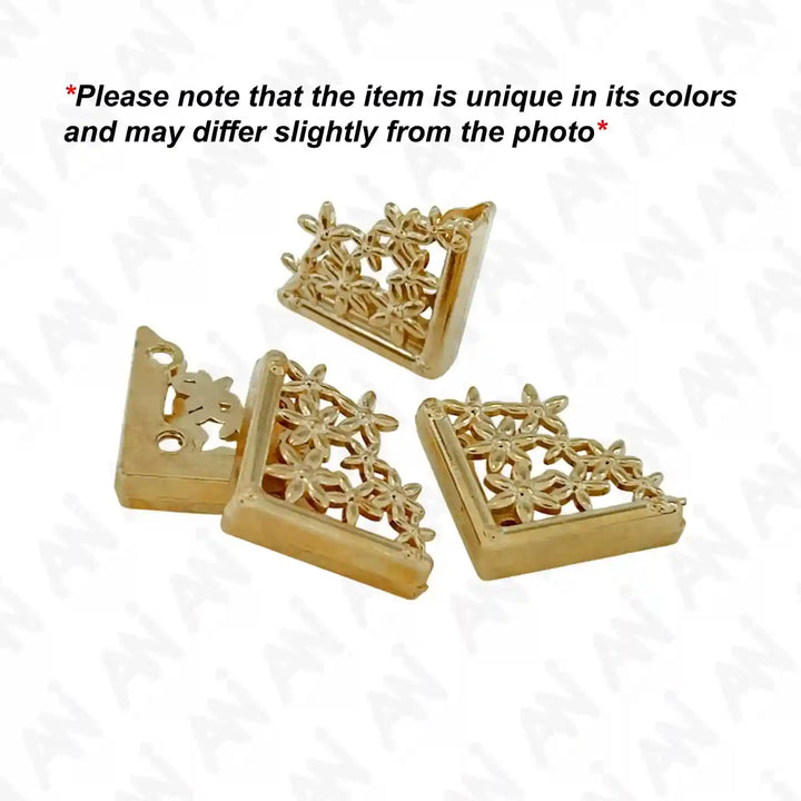 Ani Accessories |  showing  multiple angle  of metal gold floral from front and back and mention that product can be slightly differ from image of the product.