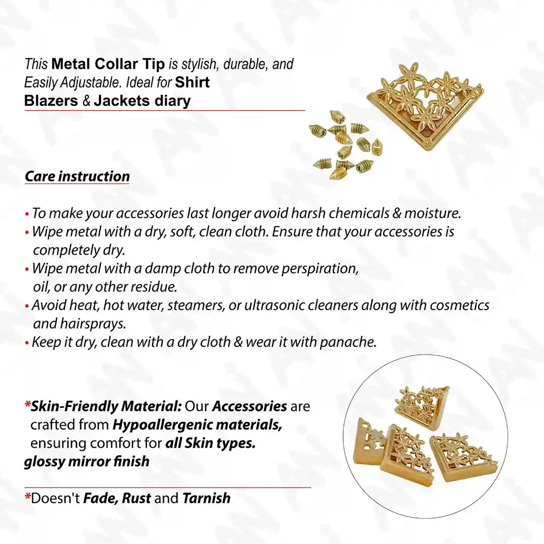 Ani Accessories | gold floral metal collar tip  care instruction tips 