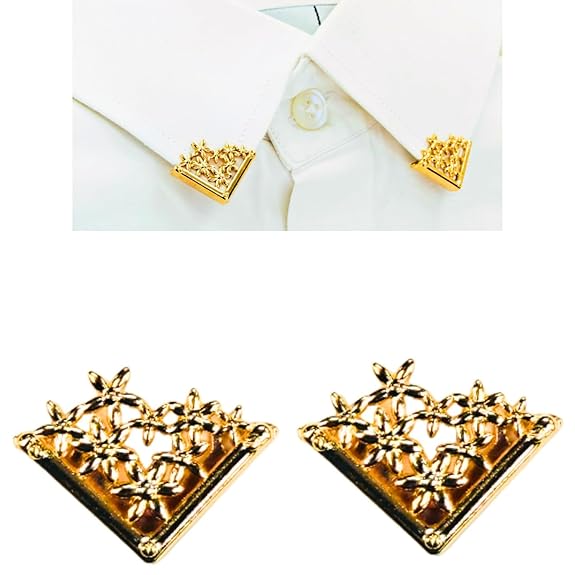 Ani Accessories | Zooming image of golden floral style collar tip  and  image of white shirt collar tip that  how it look on the shirt 