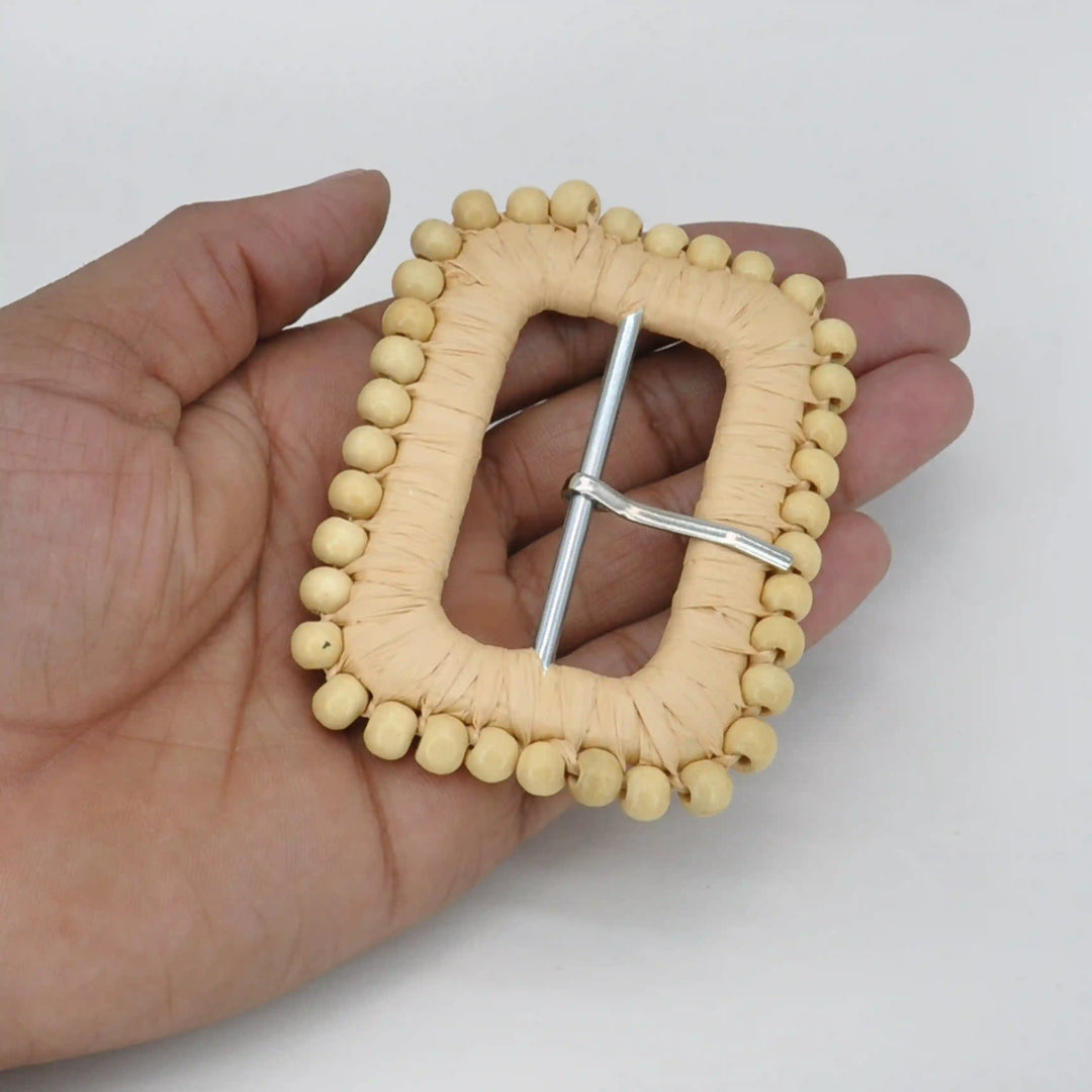 Ani Accessories handmade bead trimmed raffia buckle straw woven buckle with beads for belts bags DIY craft decor