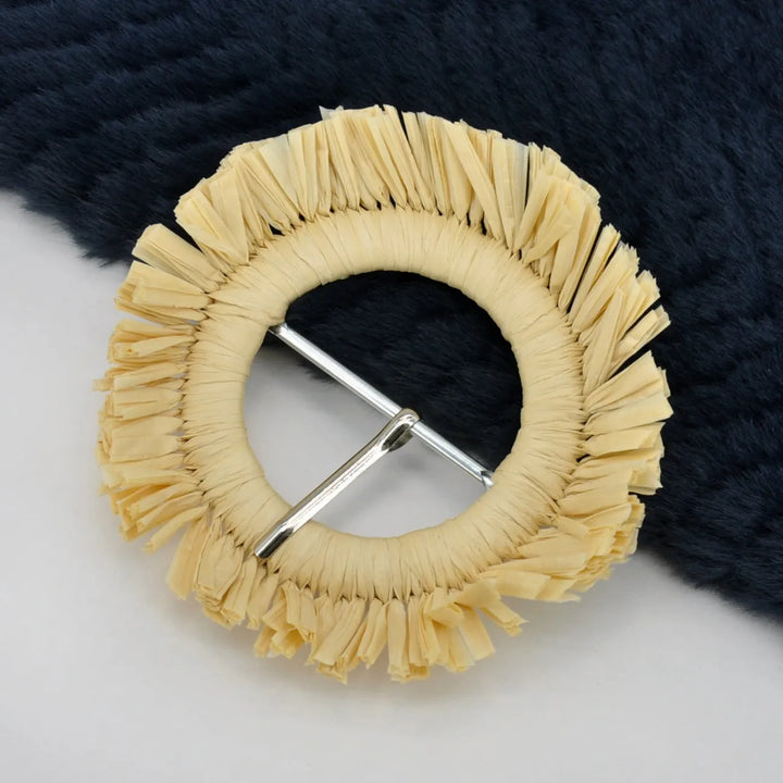 Ani Accessories handmade cream raffia round buckle with fringe 4.1 inch for belt bag DIY craft decor