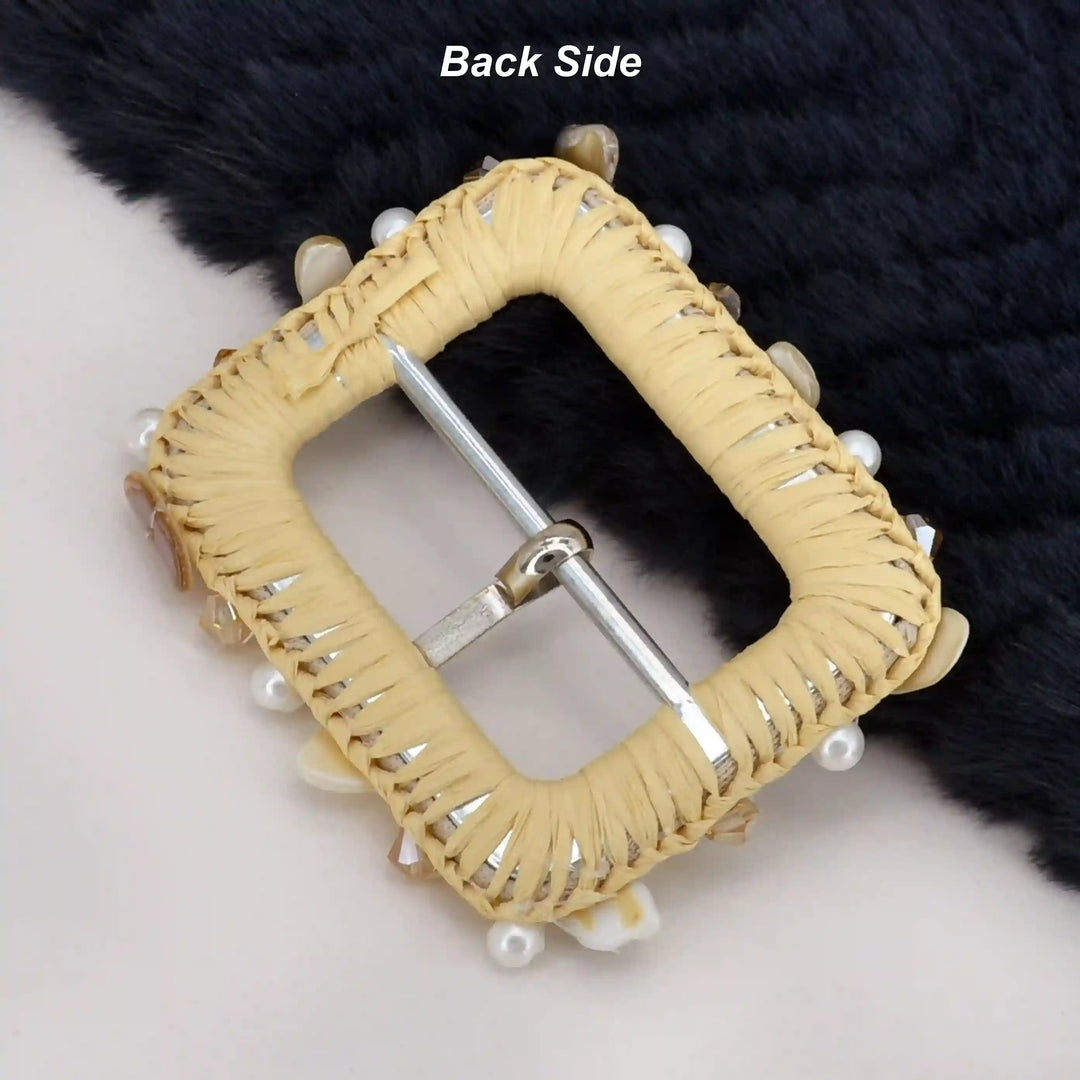Ani Accessories handmade raffia buckle with pearl and shell straw woven buckle for belt bag DIY craft decor