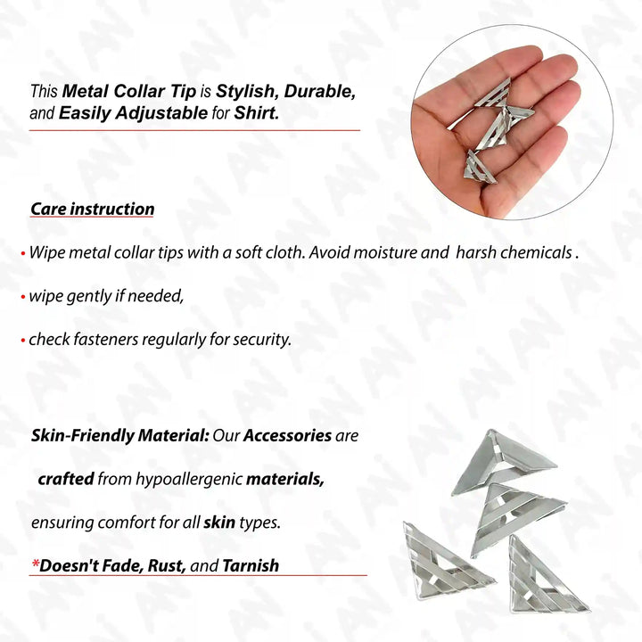 Ani Accessories | Information of care tips of collar tip with the small image of 4 piece of silver collar  tip plus small circular image of  collar tip in the palm of the hand