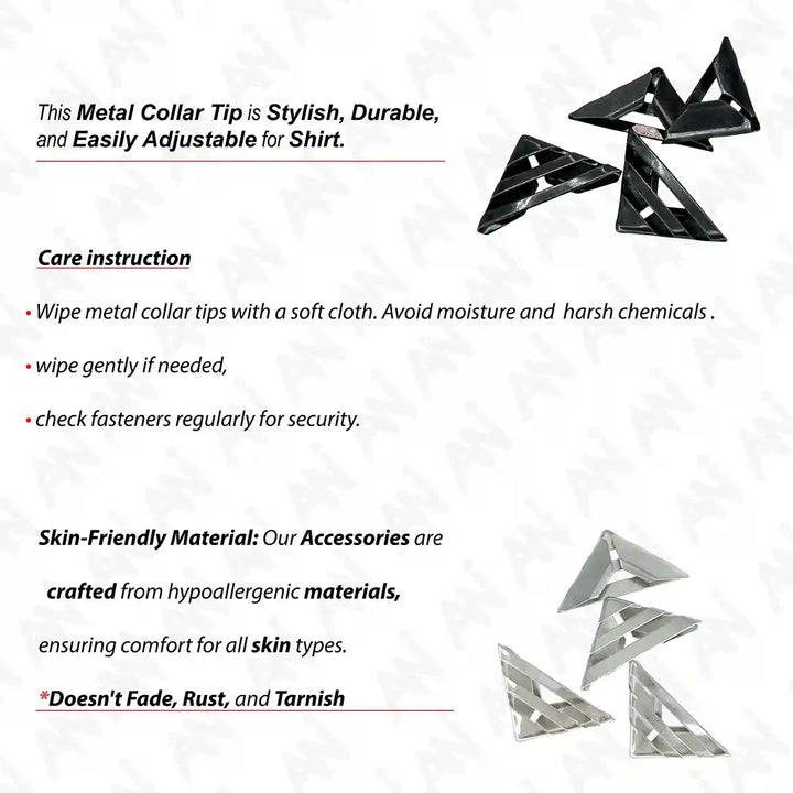 Ani Accessories | information of care instruction of Metallic Majesty Collar Tip  with image of both black and silver color 