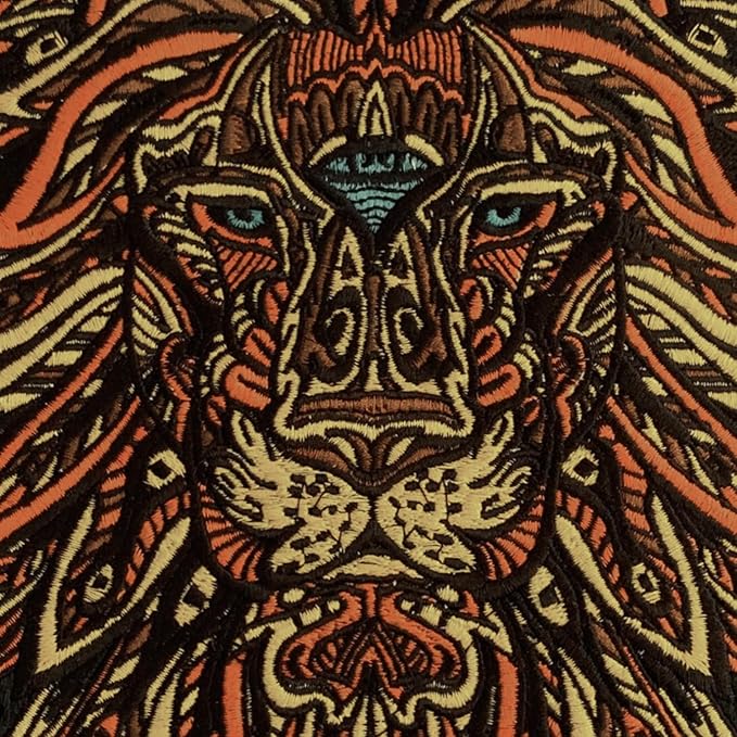 Ani Accessories multicolor lion embroidery patch macro view highlighting fine stitching and threadwork