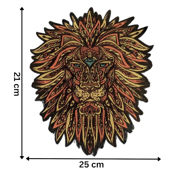 Ani Accessories multicolor lion sew-on patch showing length and width measurements for size reference