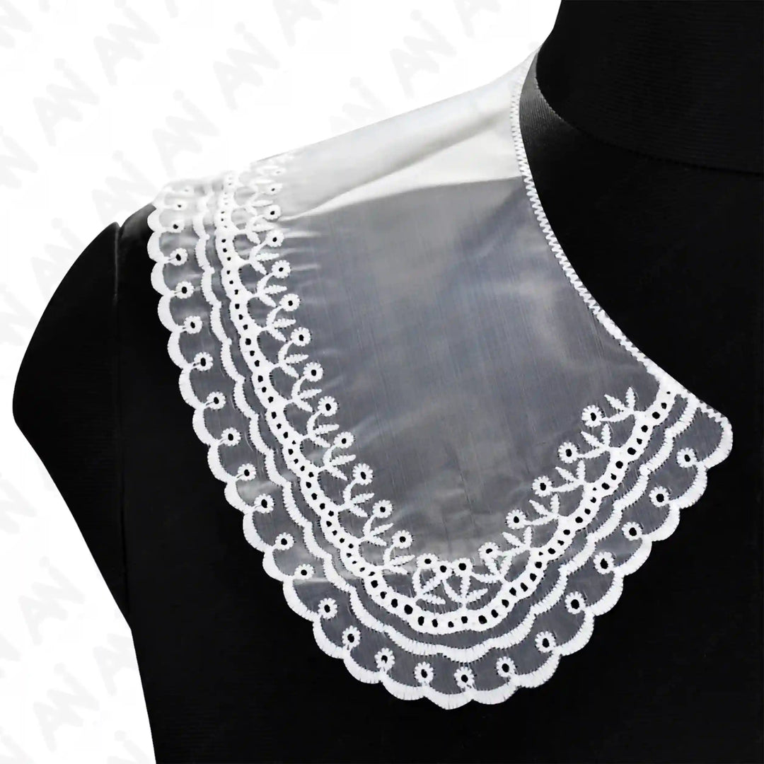 Ani Accessories net neck collar on shoulder close up shoot featuring delicate floral border embroidery for refined garment decoration.