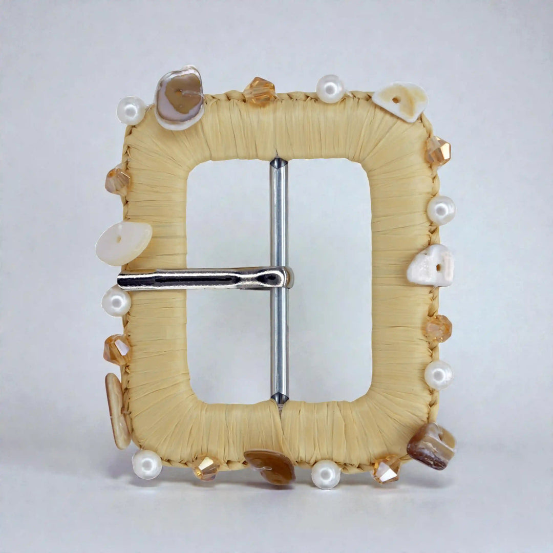 Ani Accessories pearl and shell handmade raffia buckle straw woven buckle for belts bags boho DIY craft decor