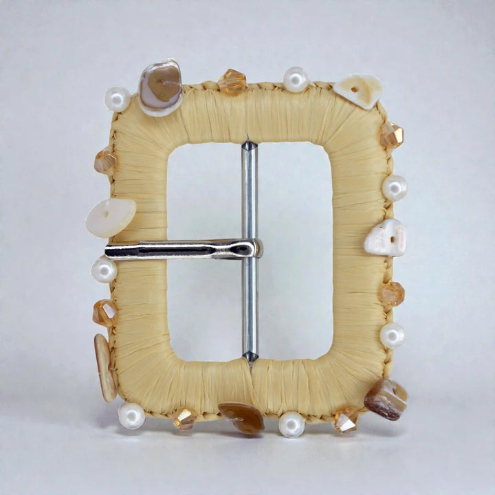 Ani Accessories pearl and shell handmade raffia buckle straw woven buckle for belts bags boho DIY craft decor