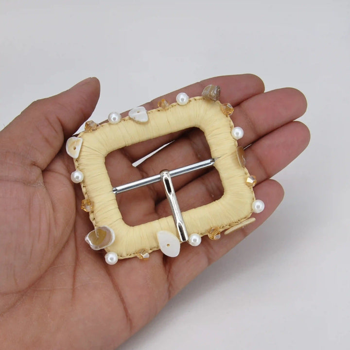 Ani Accessories pearl shell raffia buckle handmade straw woven buckle for belts bags boho DIY craft decor