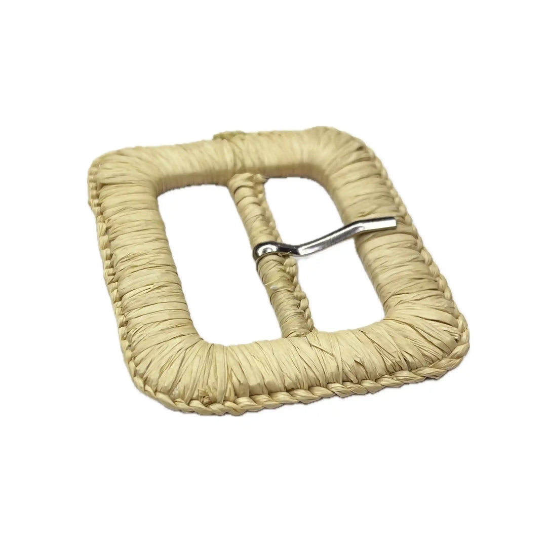 Ani Accessories rectangle  braided raffia buckle with prong placed on a white background.
