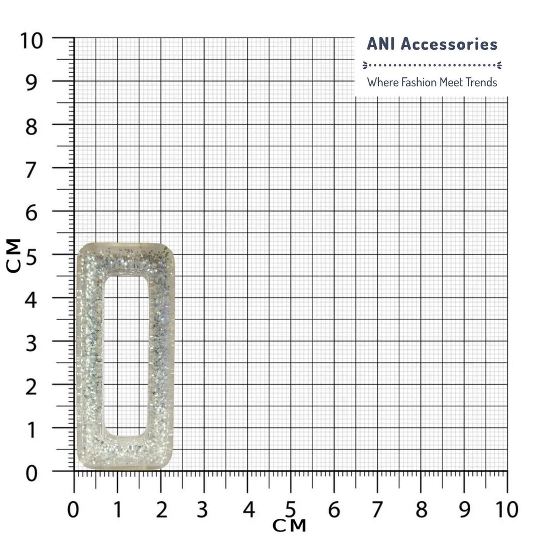 Ani Accessories rectangle sparkling resin buckle with silver shine Placed on size chart bar graph.