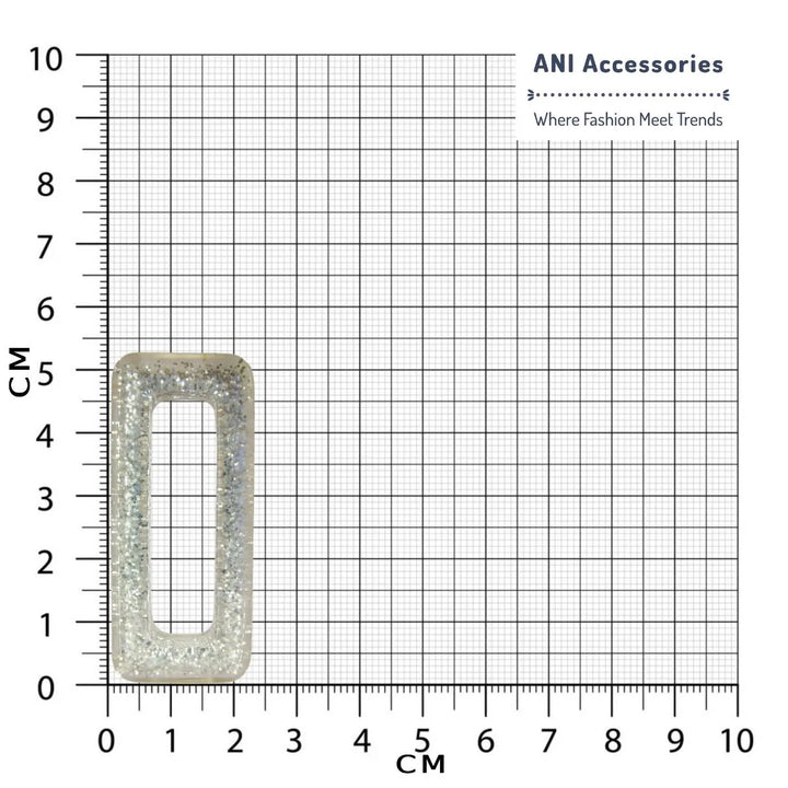 Ani Accessories rectangle sparkling resin buckle with silver shine Placed on size chart bar graph.