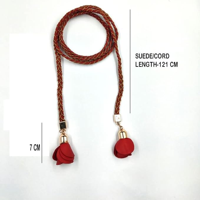 Ani Accessories red suede belt with lurex, shown with rope and tassel size details on a white background.