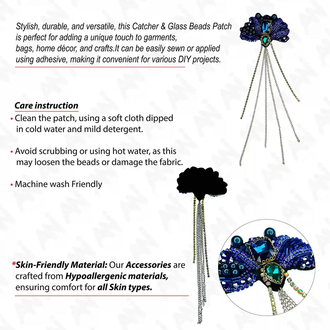 Ani Accessories sapphire sequins bead chain patch infographic highlighting premium materials and elegant finish