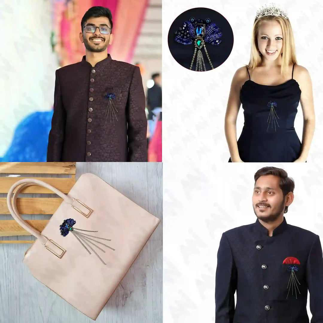 Ani Accessories sapphire sequins bead handmade chain patch shown on bag, styled with bandhgala on model for luxurious ethnic fashion