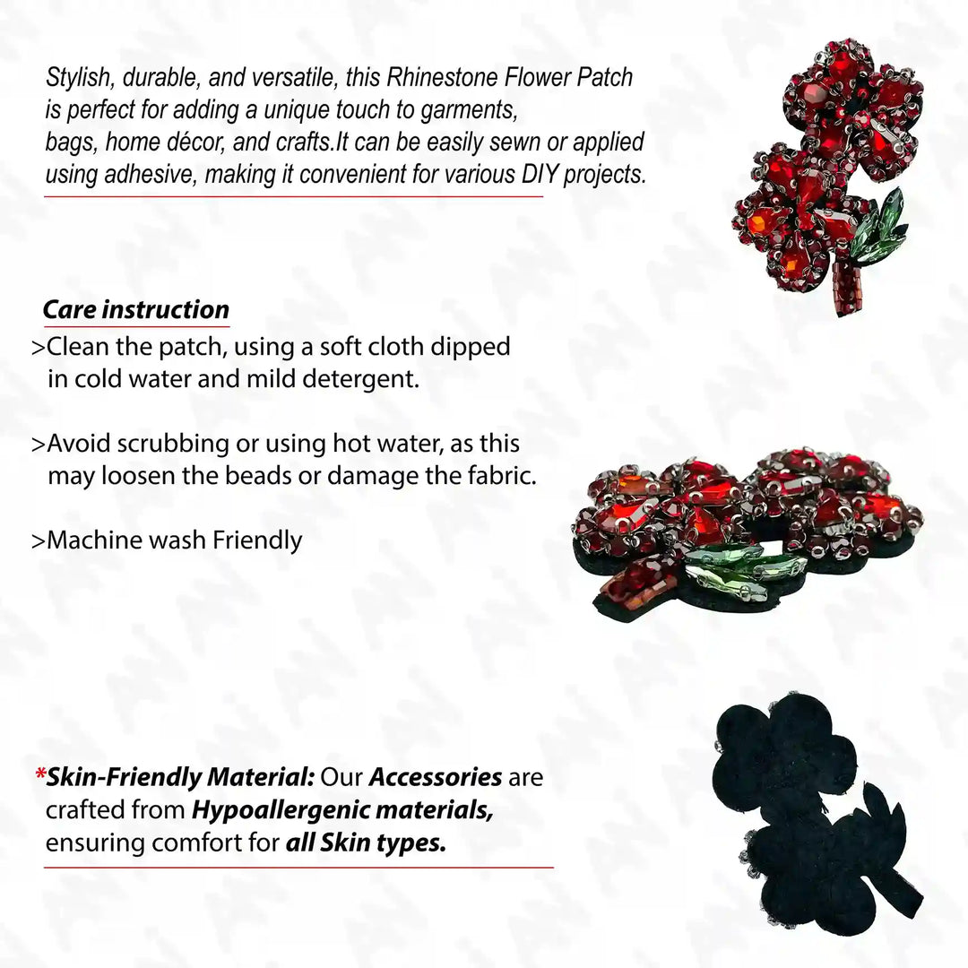 Ani Accessories sew flower patch infographic showing design usage on jackets shirts denim jeans caps bags and DIY clothing projects