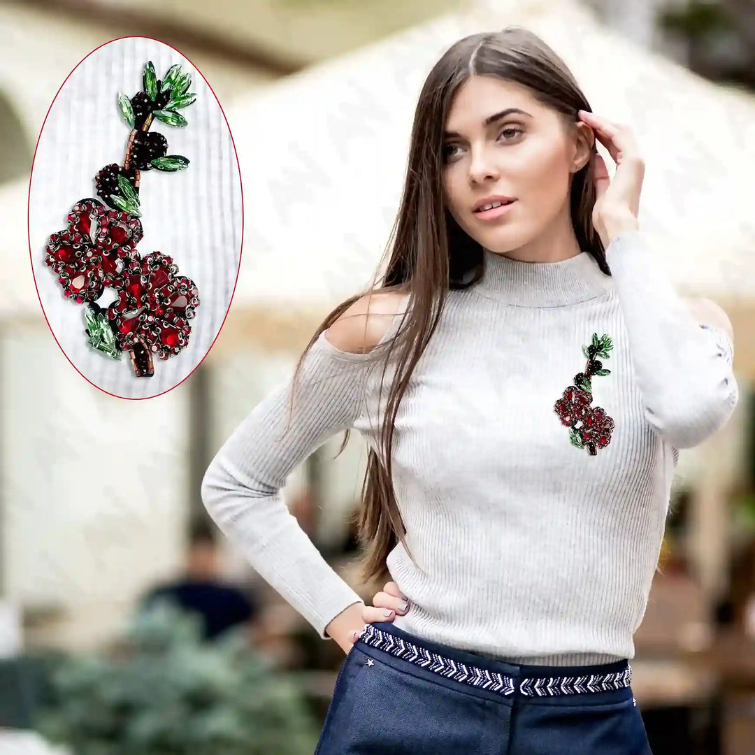 Ani Accessories sew flower patch shown on model highlighting floral design for jackets shirts denim jeans bags and DIY clothing styling