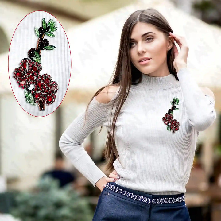 Ani Accessories sew flower patch shown on model highlighting floral design for jackets shirts denim jeans bags and DIY clothing styling
