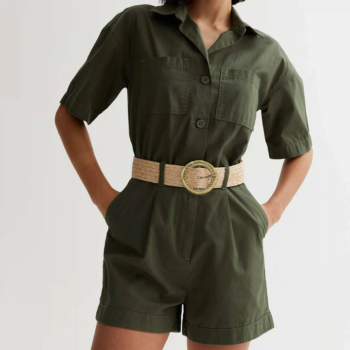 Ani Accessories  single braided circle with prong belt on a model clothe wearing olive green shorts jumpsuits
