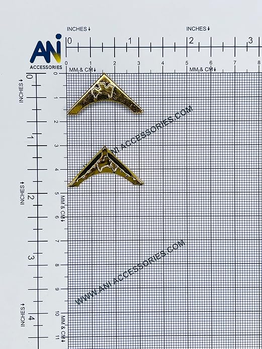 Ani Accessories | 2 pieces of golden  dog embossed design collar clip placed on a size chart graph on front and back view 
