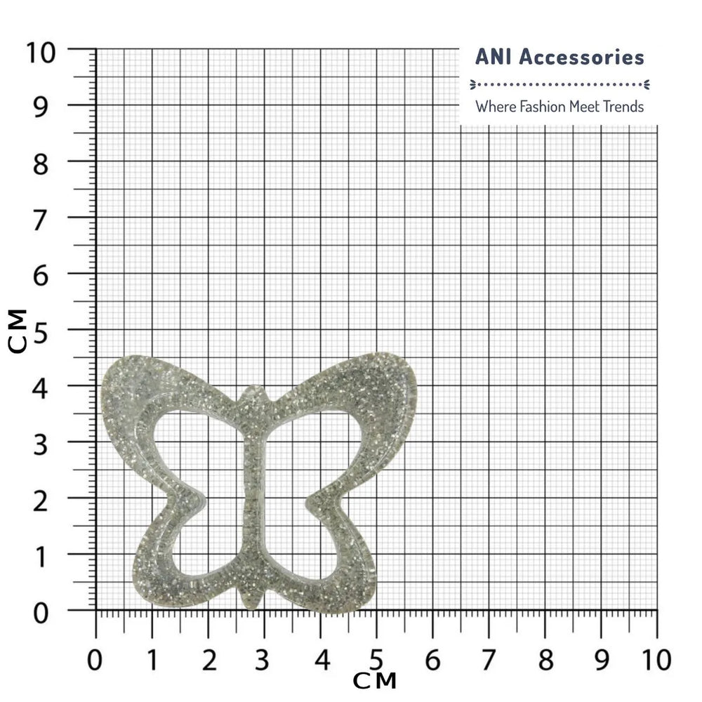 Ani Accessories sparkling butterfly resin buckle with glitter detailing placed on a size chart bar graph.