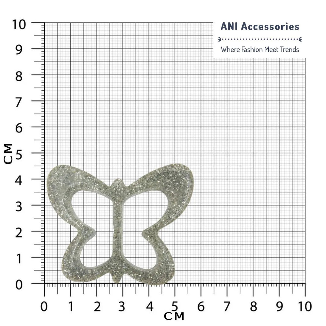 Ani Accessories sparkling butterfly resin buckle with glitter detailing placed on a size chart bar graph.