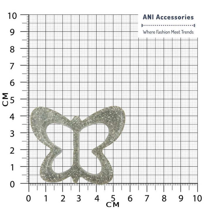 Ani Accessories sparkling butterfly resin buckle with glitter detailing placed on a size chart bar graph.