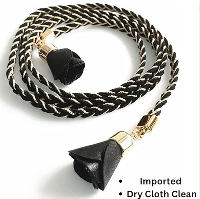 Ani Accessories black suede belt with lurex and rose tassels shown on a white background. This imported suede belt should be cleaned with a dry cloth.