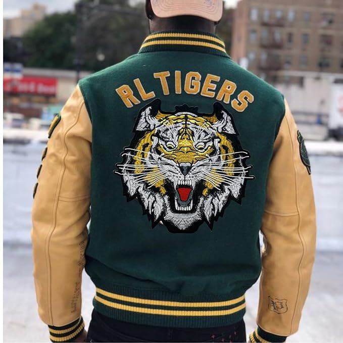 Ani Accessories tiger sew patch displayed on model jacket, statement animal embroidery