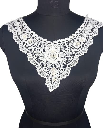 Ani Accessories white floral embroidery with pearl neckline showcasing intricate pearl accents and fine detailing, dyeable sew-on applique
