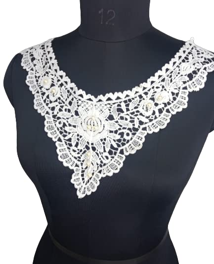 Ani Accessories white floral embroidery with pearl neckline showcasing intricate pearl accents and fine detailing, dyeable sew-on applique