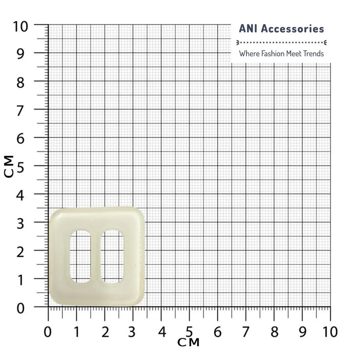 Ani Accessories white square shaped resin sliding buckle placed in a size chart graph.
