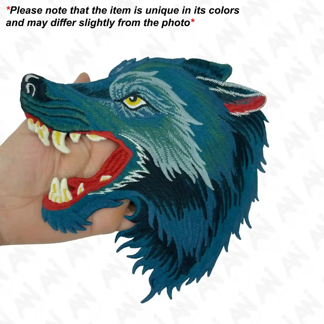 Ani Accessories wolf sew patch held in hand, detailed applique showcasing texture, design, and premium quality