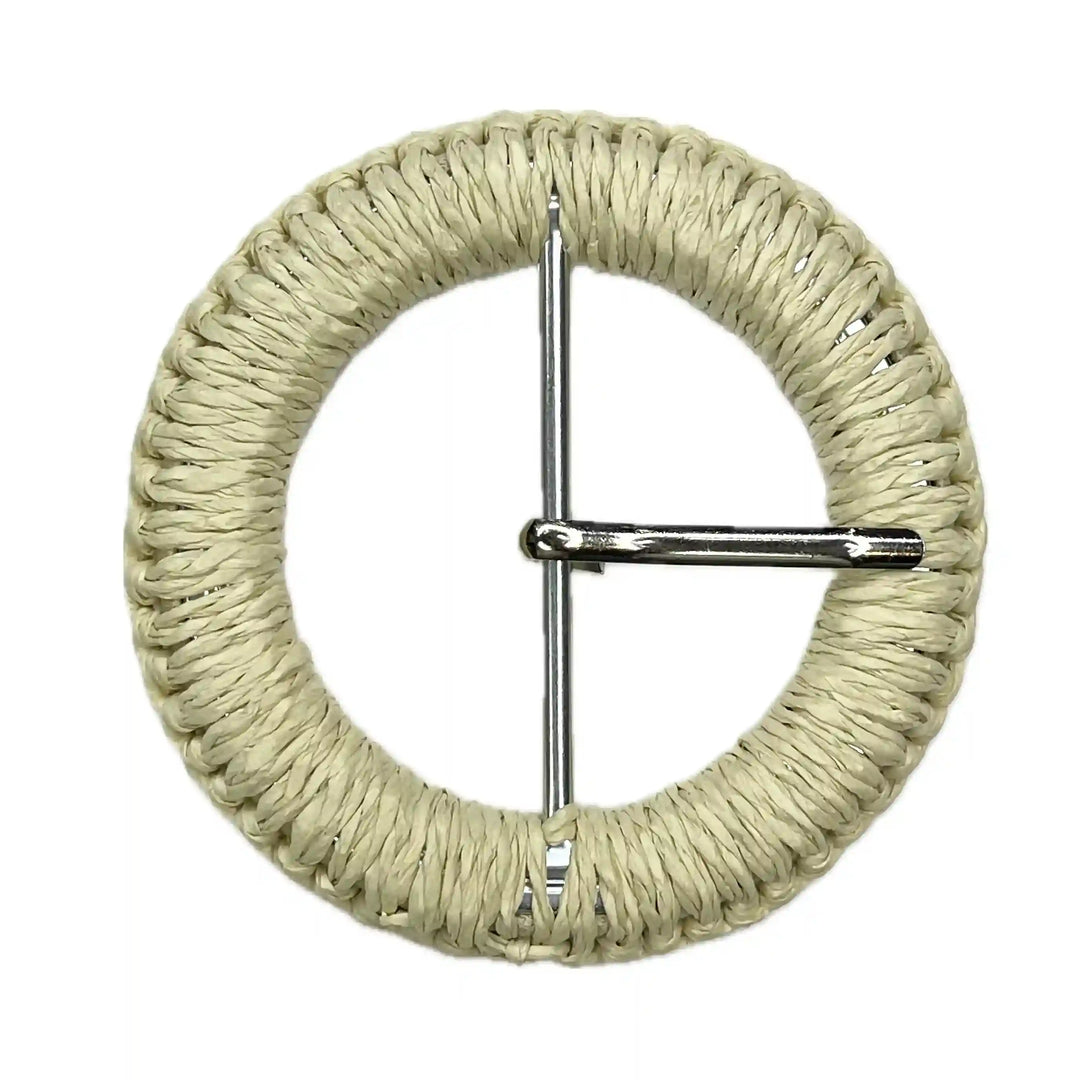 Ani Accessories Woven braided cream Circle raffia buckle with prong on white background