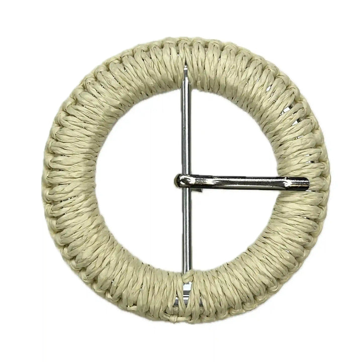 Ani Accessories Woven braided cream Circle raffia buckle with prong on white background