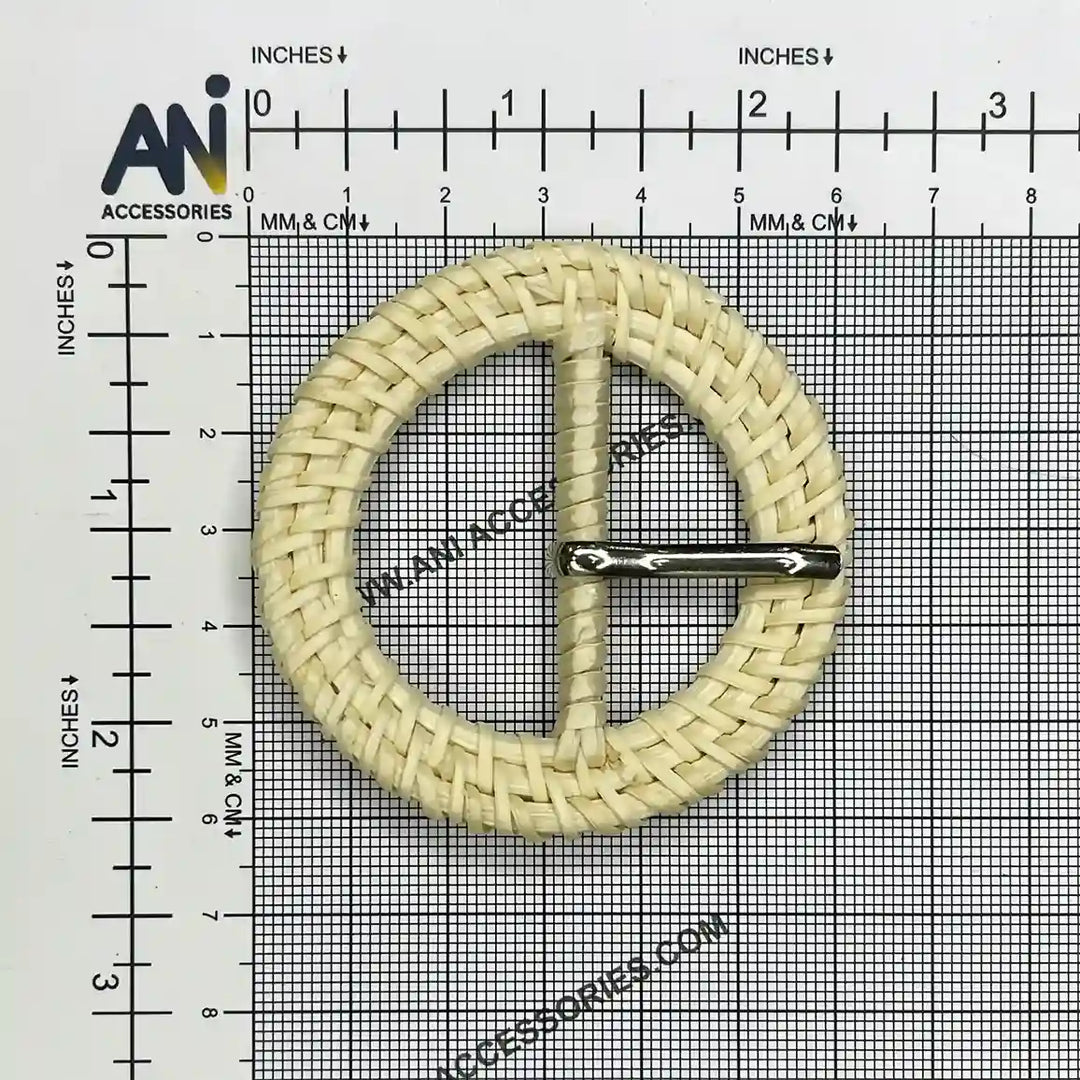 Ani Accessories Circular woven cream raffia buckle placed  on size chart  graph
